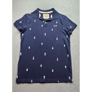 Hollister Mens Small Navy Blue Epic Flex Pique Patterned Polo Pineapple Print